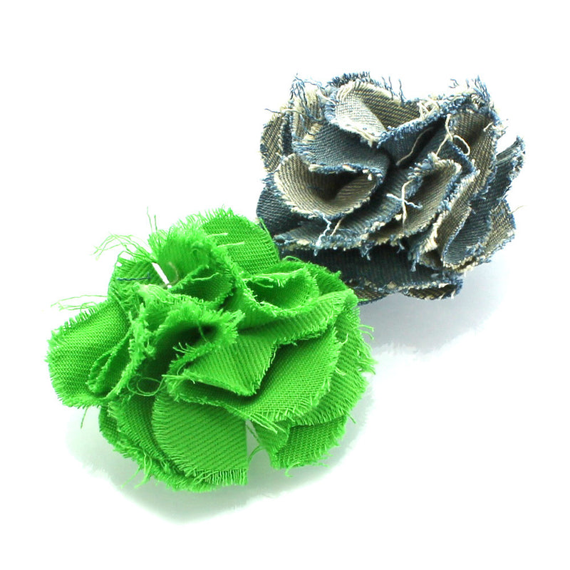 Apple Green/Stonewash Shabby Frayed Denim Hair Flower Clip Pair | My Lello - 3