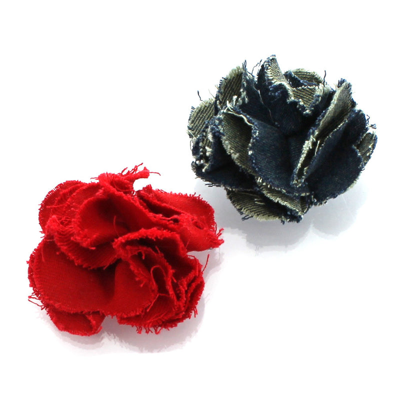 Cherry Red/Deep Indigo Shabby Frayed Denim Hair Flower Clip Pair | My Lello - 5