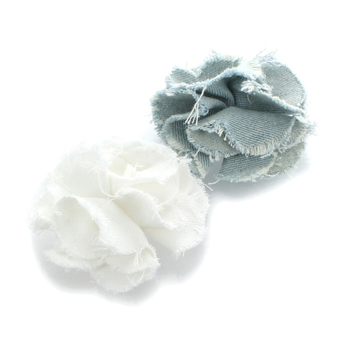 White/Faded Blues Shabby Frayed Denim Hair Flower Clip Pair | My Lello - 1