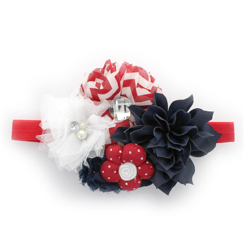 Navy/Red Chevron Girls Shabby Fabric Flower Cluster Headband | My Lello - 10