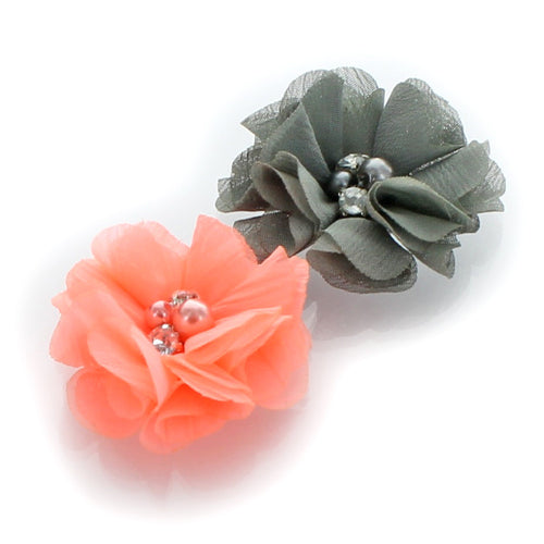 Peach/Gray Chiffon Beaded Hair Flower Clip Pair | My Lello - 1