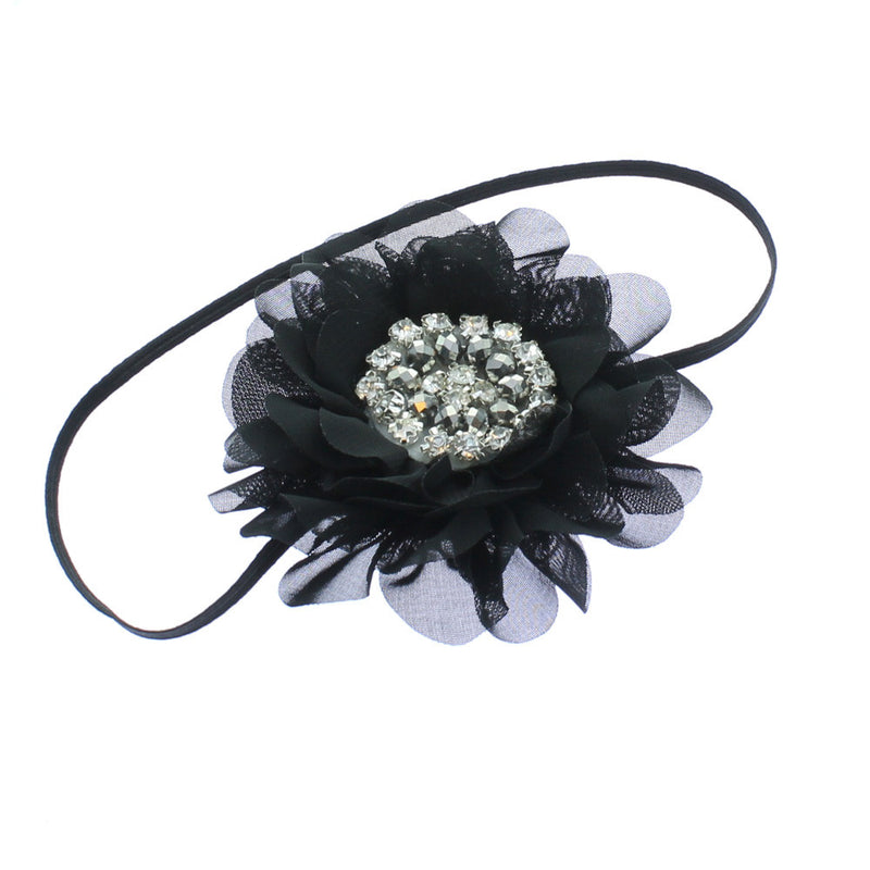 Black Baby/Toddler Vintage Jeweled Chiffon Flower Skinny Headband | My Lello - 4