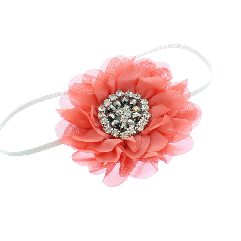 Coral Baby/Toddler Vintage Jeweled Chiffon Flower Skinny Headband | My Lello - 8