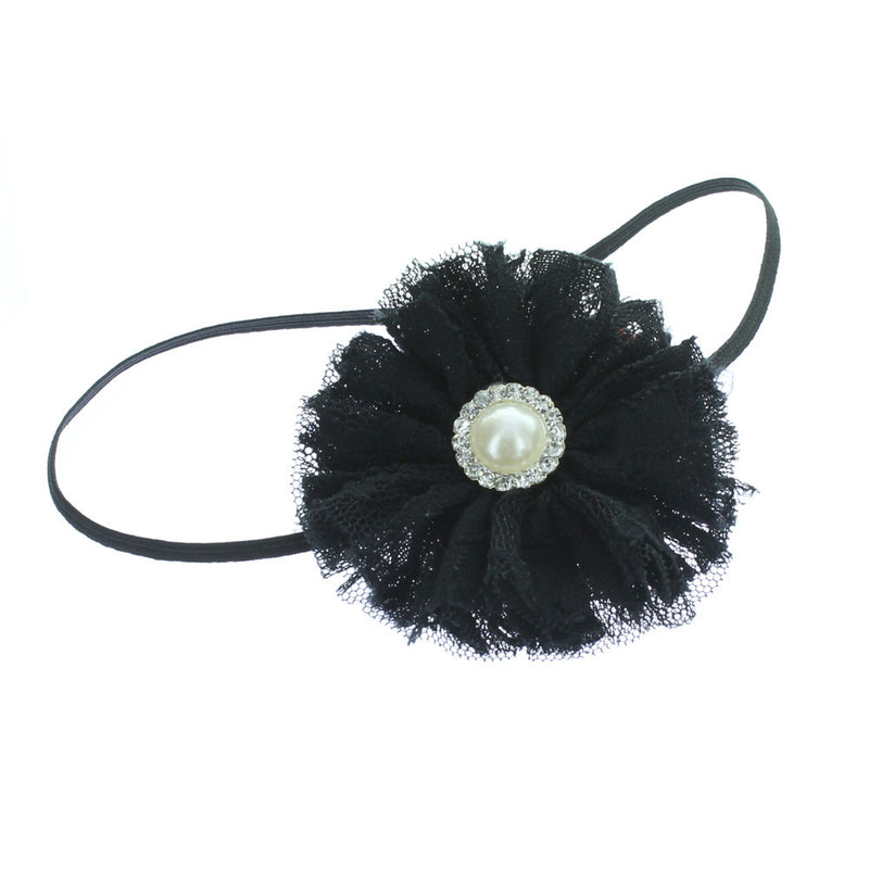 Black Baby/Toddler Vintage Lace & Pearl Flower Skinny Headband | My Lello - 2
